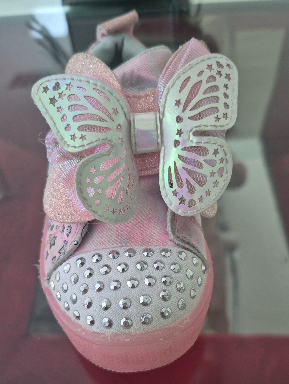 Kids Pink Butterfly Light-Up Sneaker with Rhinestone Toe